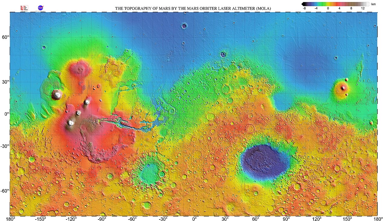 火星の全球地形図（MOLAの高度データ）